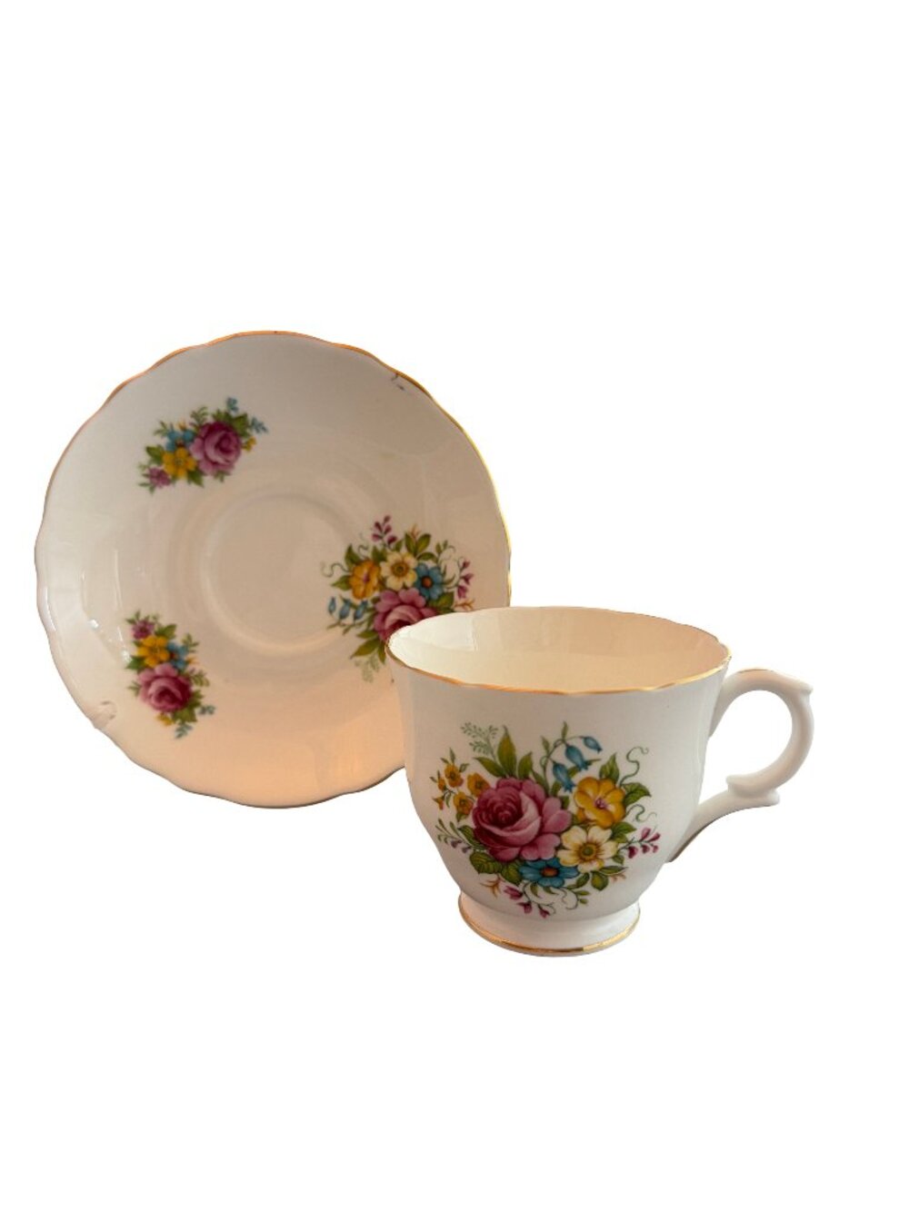 Staffordshire Vintage Floral Bone China Teacup Saucer Set Gold Rim Collectible